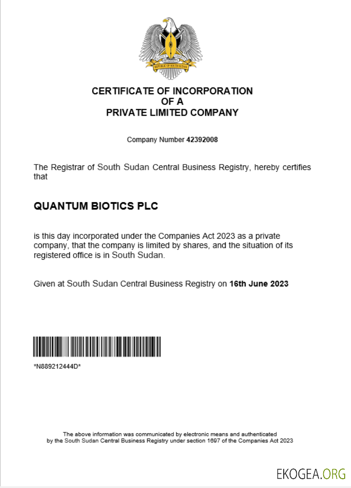 Modèle Word et PDF de certificat d'enregistrement d'entreprise au Soudan du Sud